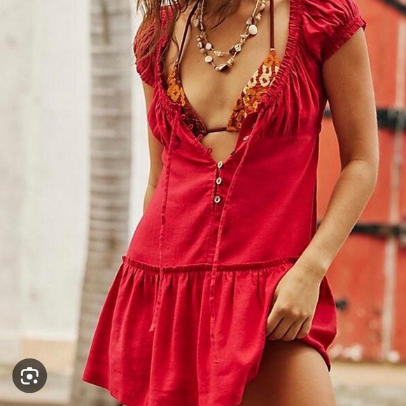 NWT Free People Perri Linen Drop Waist Mini Dress In Wild Rose - Picture 2 of 6